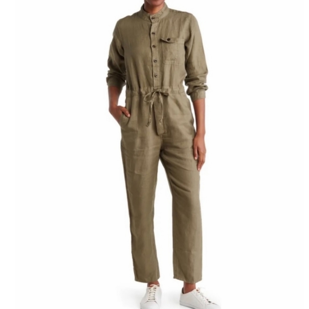 Alex Mill Army Green Logan Linen Jumpsuit Long Sleeve Button Up Size Small